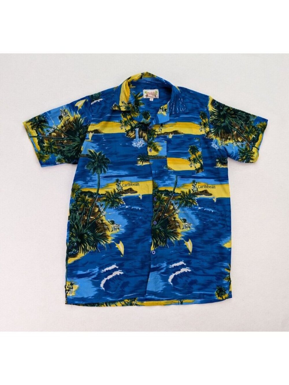 WAIKIKI CREATIONS HAWAIIAN Shirt Mens Large Blue Caribbean Island Travel Beach